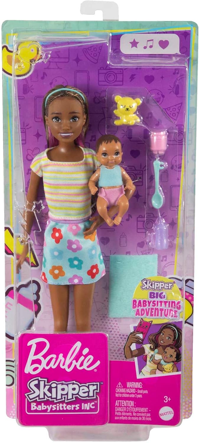 Barbie HJY31 - Puppen und Zubehör, brünette Skipper-Puppe mit Baby-Figur und 5 Zubehörteilen, Babysitters Inc. Spielset, Puppen Spielzeug ab 3 Jahren