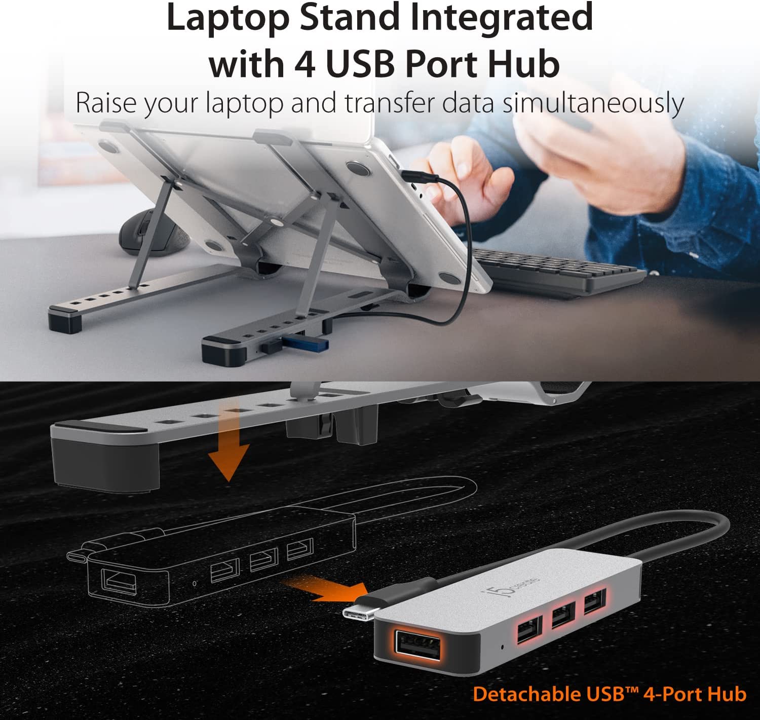 j5create Foldable Aluminum Laptop Stand with USB 4-Port Hub, Portable Notebook Riser with 4 USB3.2 Ports for MacBook, Laptop, Phone and Tablets up to 16 inch (JTS223