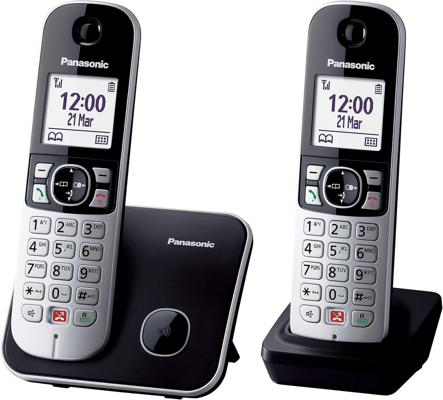 Panasonic KX-TG6852JTB Telefono Cordless Digitale, Unità Base e 2 Ricevitori, ID Chiamante, Blocco Chiamate Indesiderate, Suoneria Categoria, Display LCD, Tastiera Illuminata, Nero senza segreteria te