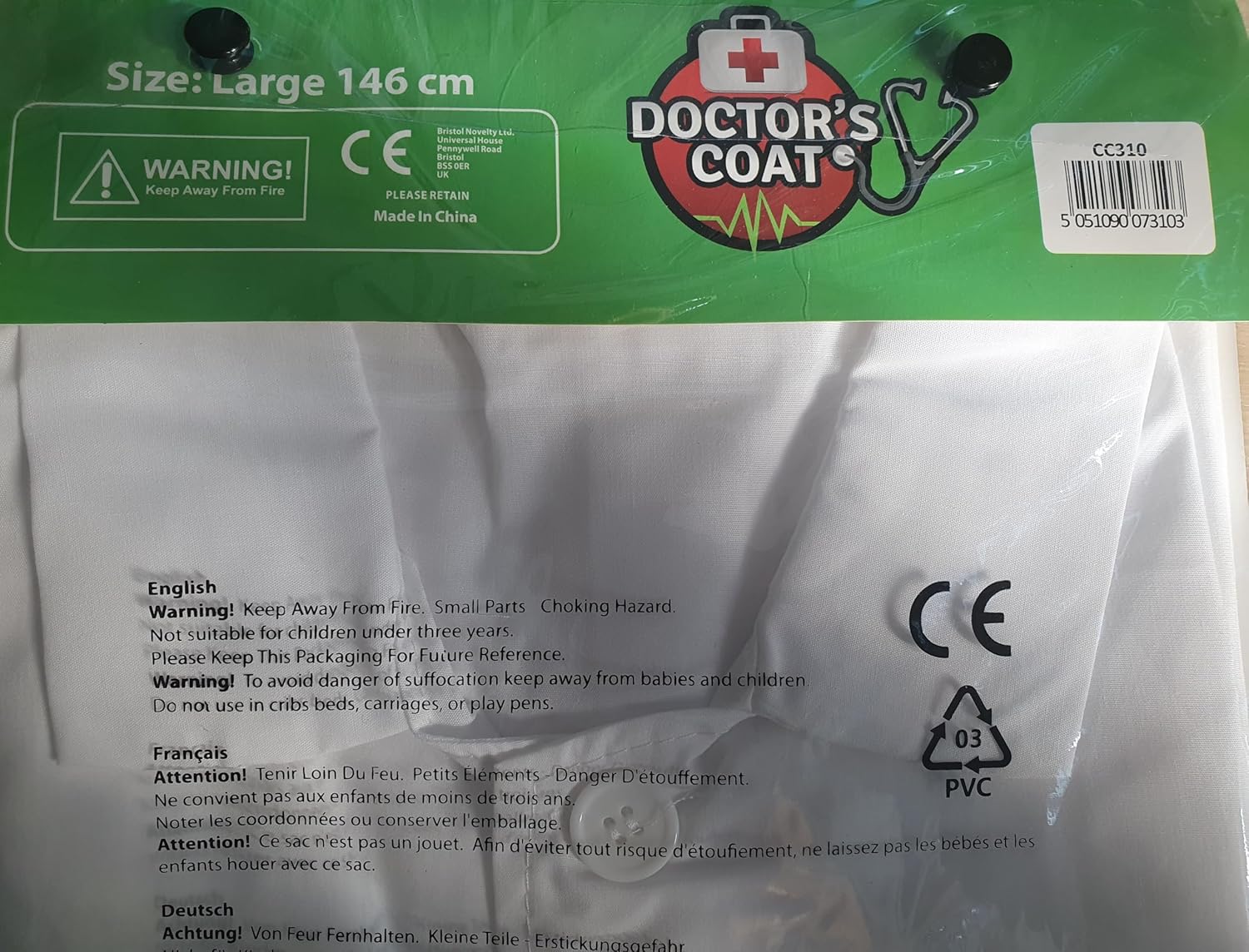 Bristol Novelty Doctor Coat Medium Costume Child Age 5-7 Years