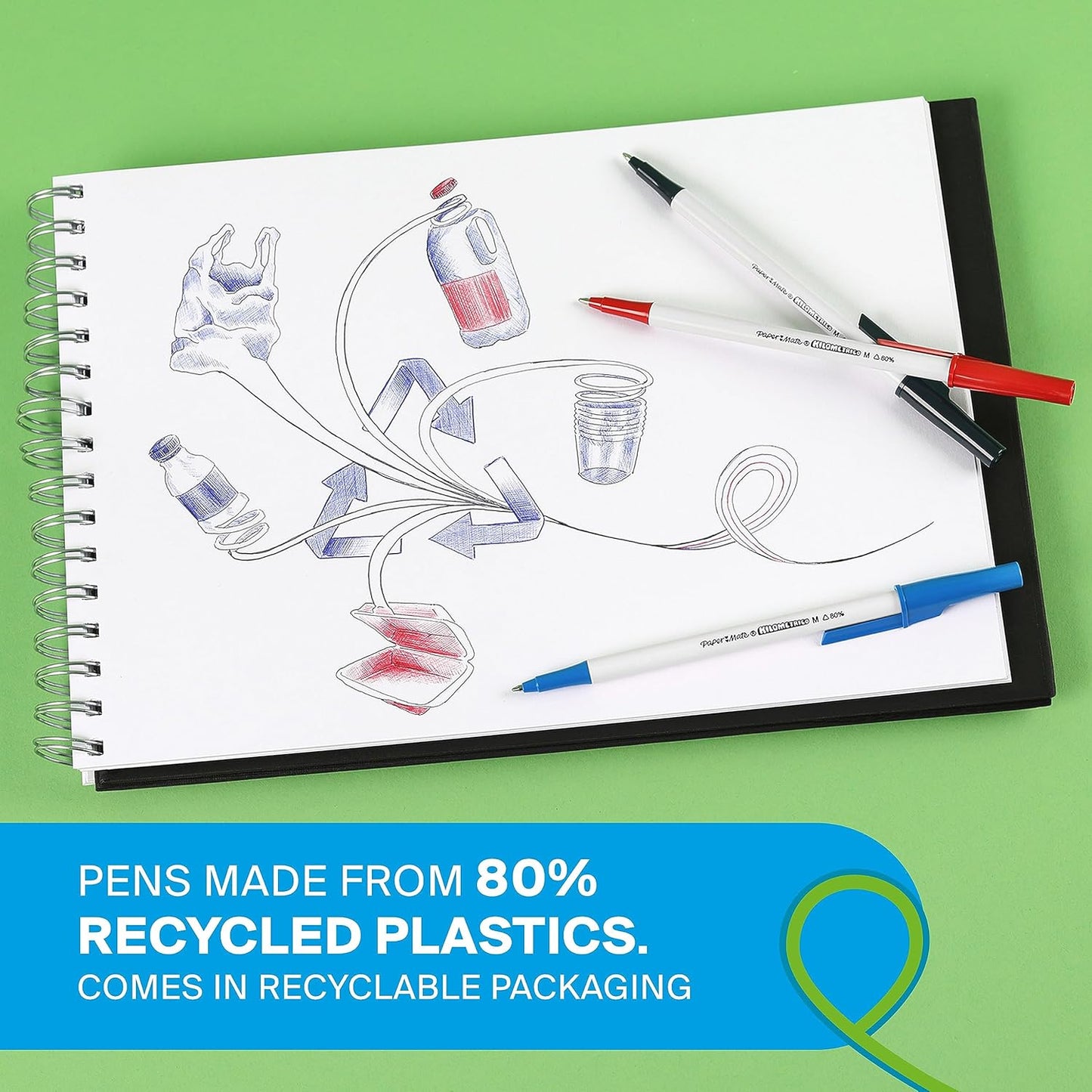 Paper Mate Kilometrico Ballpoint Pens | Long Writing with Medium Point (1.0mm) | Black, Blue & Red Ink | 80% Recycled Plastic | 8 Count