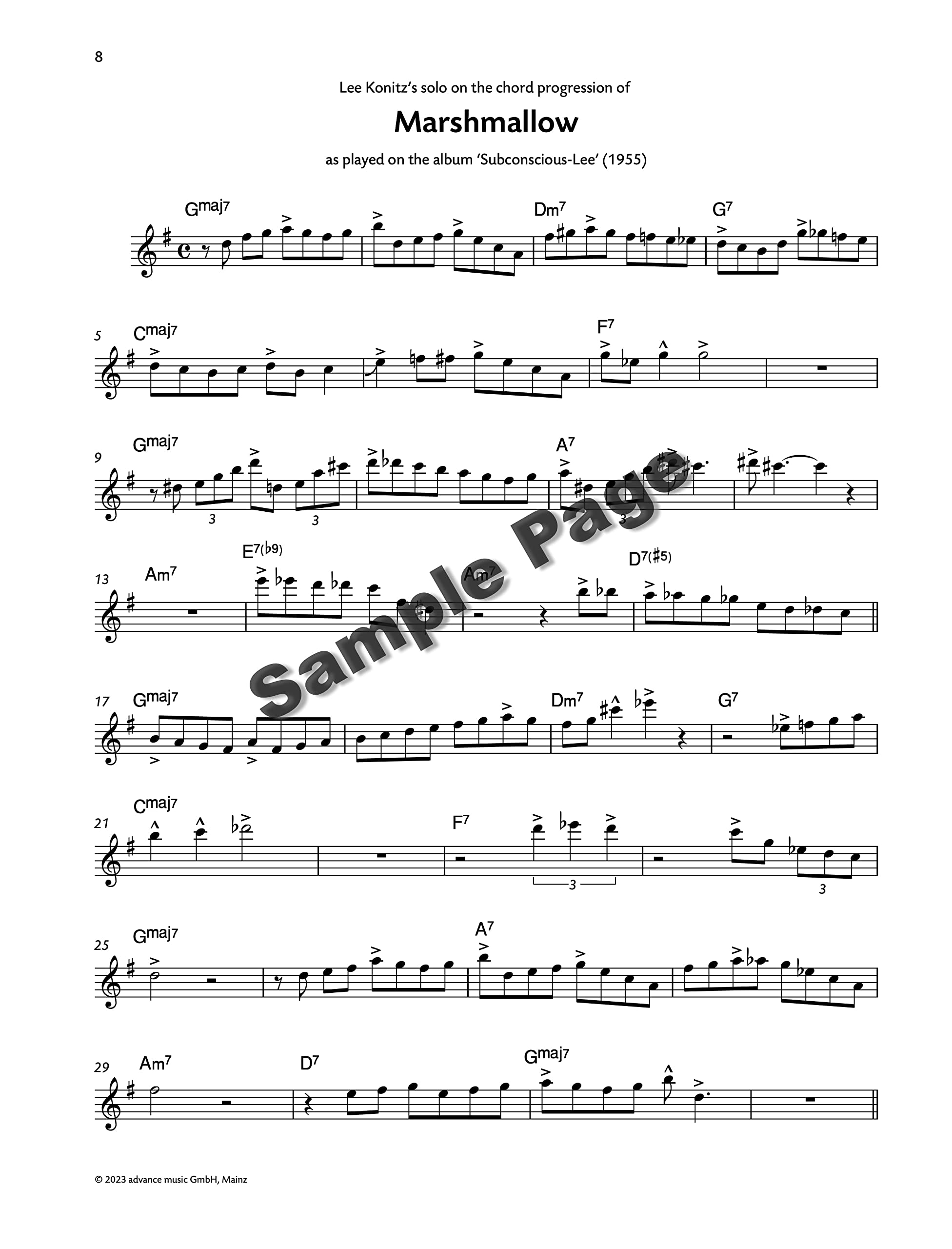 Lee Konitz - Solo Transcriptions for Alto Saxophone - Alto Saxophone Sheet Music - Advance Music (ADV 7161): Solo Transcriptions for Alto Saxophone. alto saxophone. Recueil de pièces instrumentales.