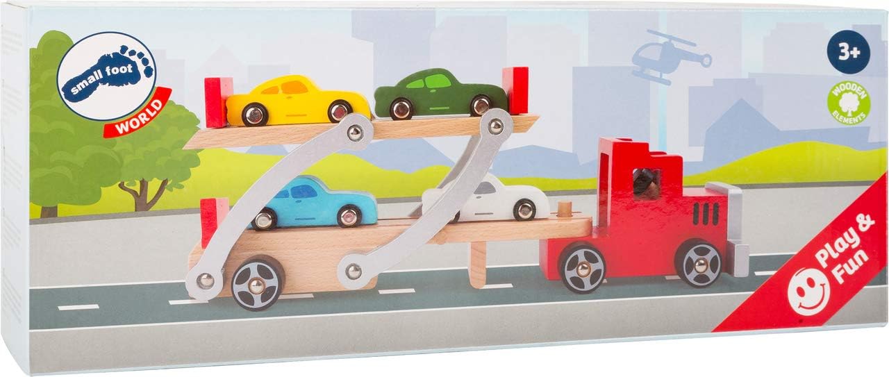 small foot 4222 Wooden car transporter, with movable loading ramp, detachable trailer and 4 cars standard