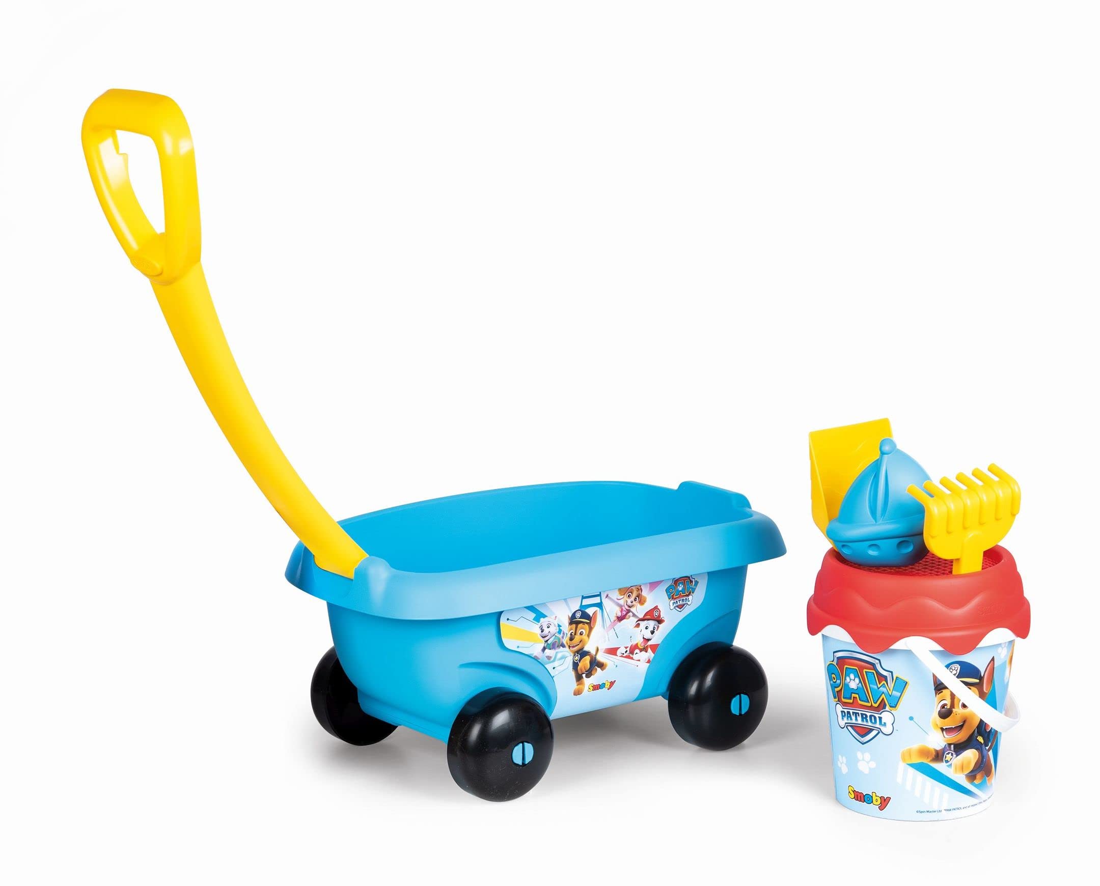 Smoby - PAW PATROL Chariot de plage garni : sceau + tamis + râteau + pelle + moule a sable
