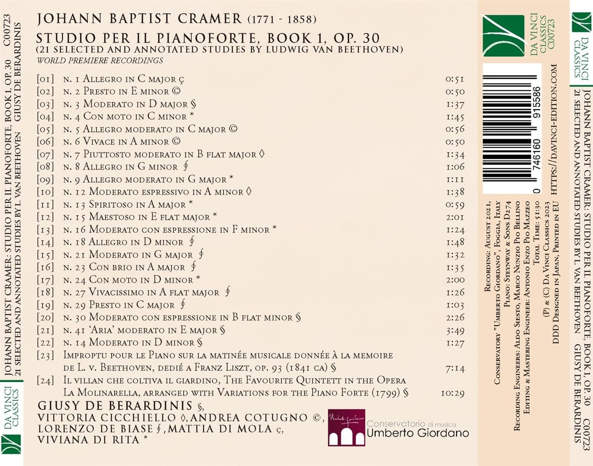 JOHANN BAPTIST CRAMER: STUDIO PER IL PIANOFORTE, BOOK 1, OP. 30