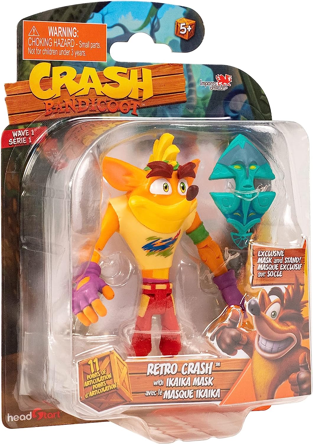 BANDAI Crash Bandicoot - Figuras de acción Retro con máscara | Juguete Retro de 11 cm con máscara y Accesorios de Soporte | Verde, Morado, Rojo