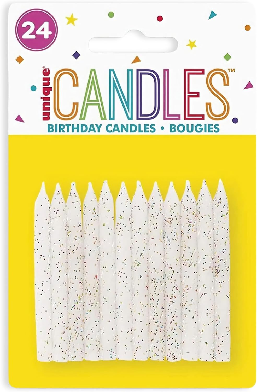 Unique Party 19974-White & Glitter Spiral Birthday Candles, Pack of 24, White