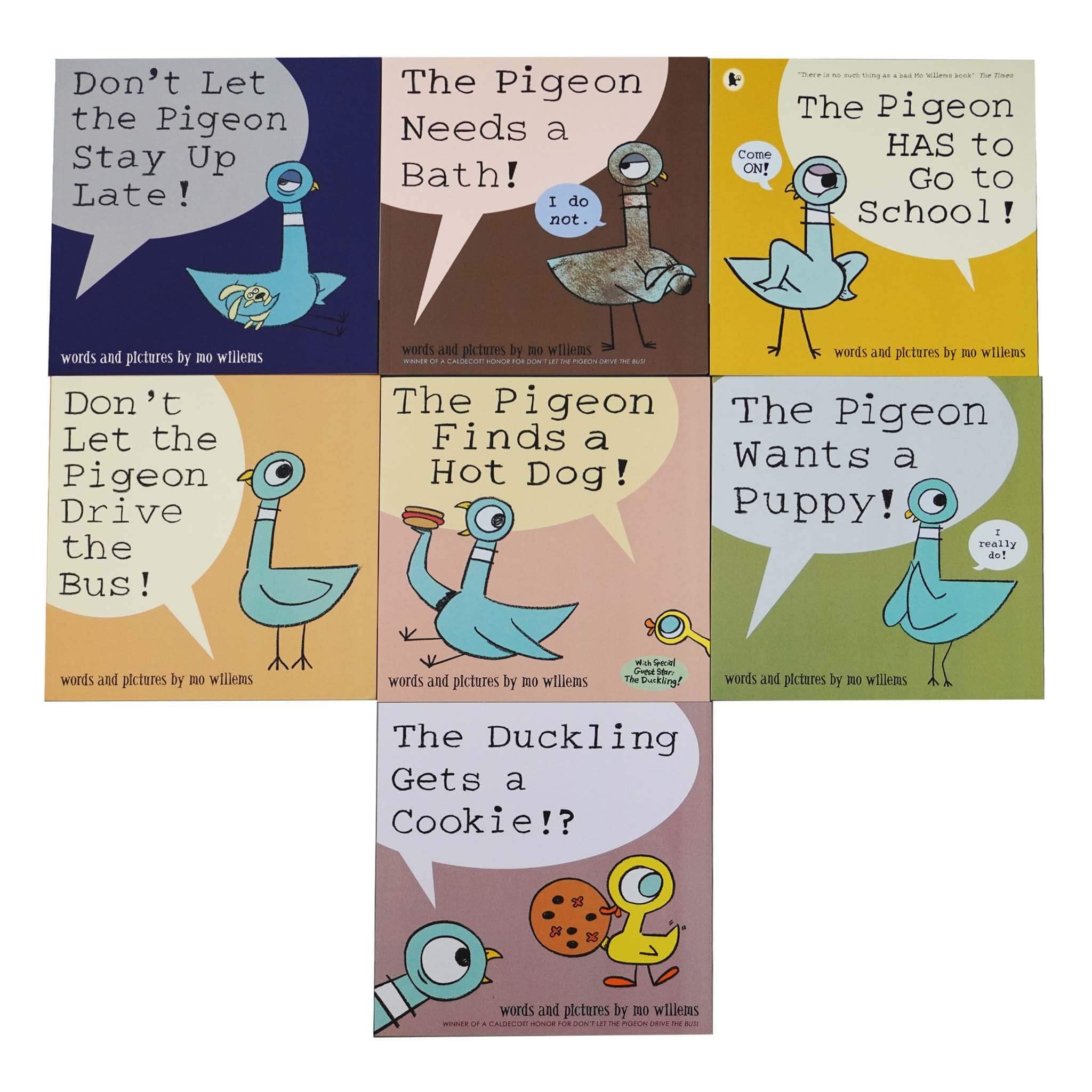 Don't Let the Pigeon Series 7 Books Collection Set by Mo Willems (Pigeon Drive the Bus, Stay Up Late, Ducking Gets a Cookie, Finds a Hot Dog, Needs a Bath, Wants a Puppy & Has to Go to School