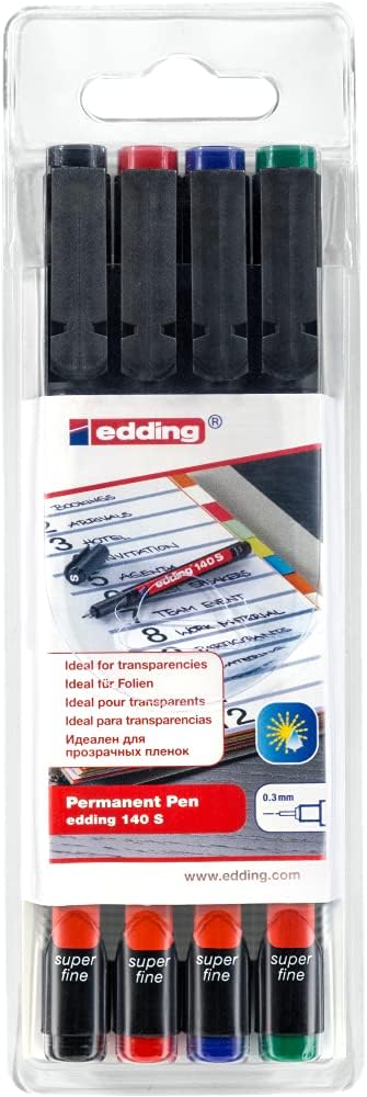 edding 140 S permanent pen - set of 4 - multi-coloured - round nib 0.3 mm - pen for writing on glass, plastic, foils and smooth surfaces - permanent, quick-drying, smudge-proof and waterproof