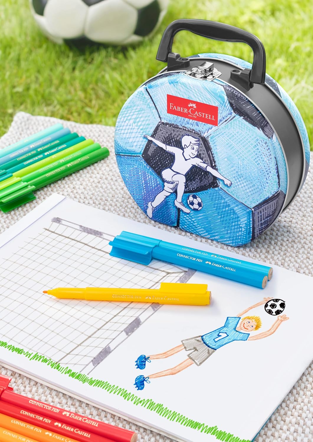 FABER-CASTELL 155538 - Filzstifte Connector Fußballkoffer, 33er Metalletui im Koffer-Format