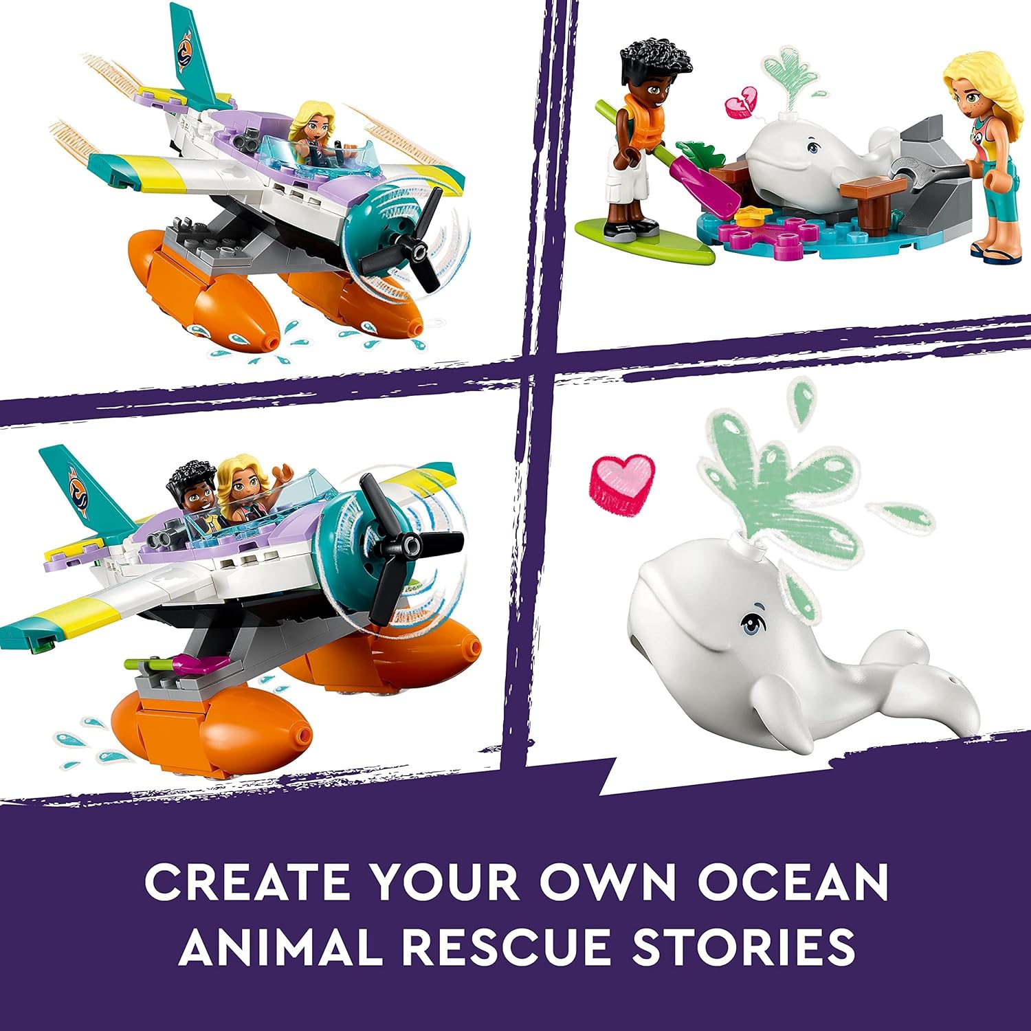 LEGO Friends Seerettungsflugzeug, Flugzeug-Spielzeug mit Wal-Figur und Mini-Puppen, Tier-Pflege Geschenk zum Geburtstag für Mädchen, Jungen und Kinder ab 6 Jahren 41752