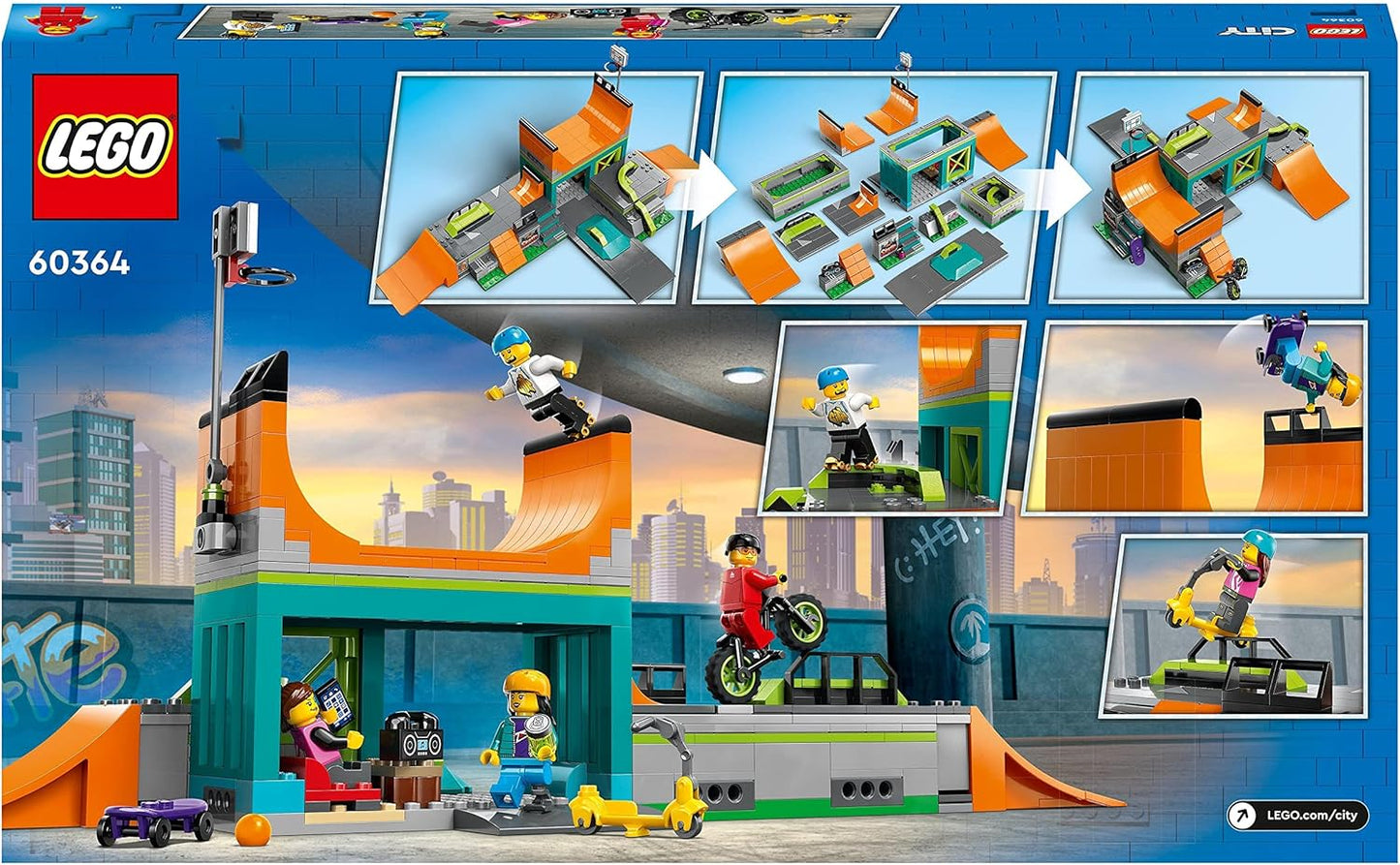 LEGO City Street Skate Park Set, Toy For Kids Aged 6 Plus Years Old with BMX Bike, Skateboard, Scooter, In-Line Skates and 4 Skater Minifigures to Perform Stunts, 2023 Set 60364 Single