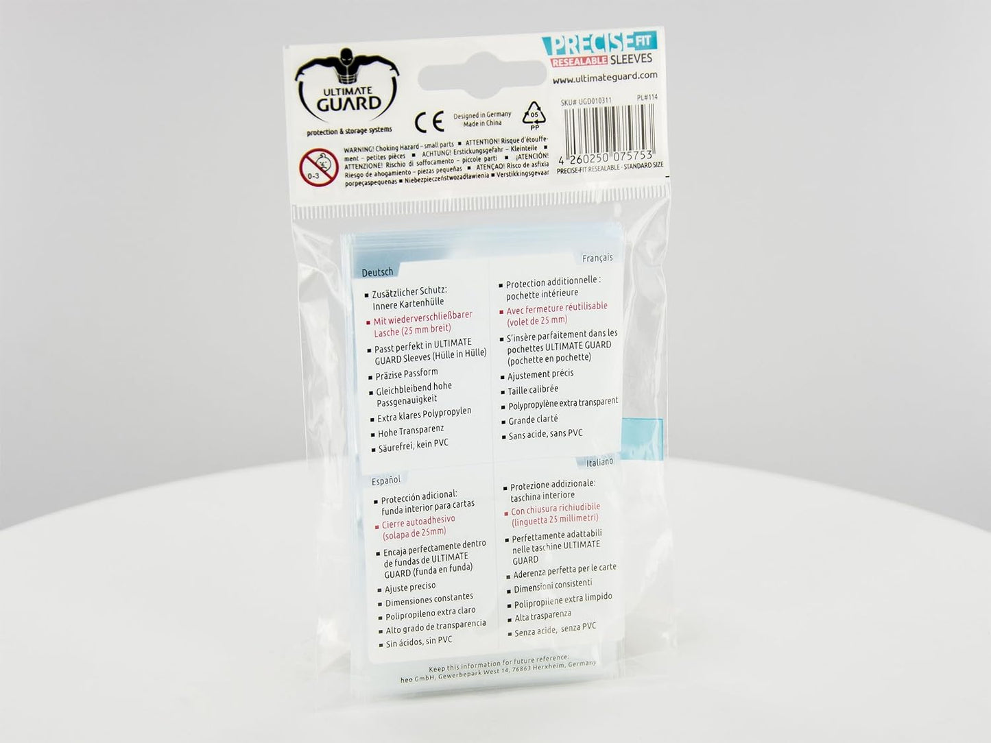 Ultimate Guard- Funda Standar Precise FIT Sleeves Reutilizable 64x89 MM 100U. Juegos de Cartas, Multicolor, Miscelanea (10311
