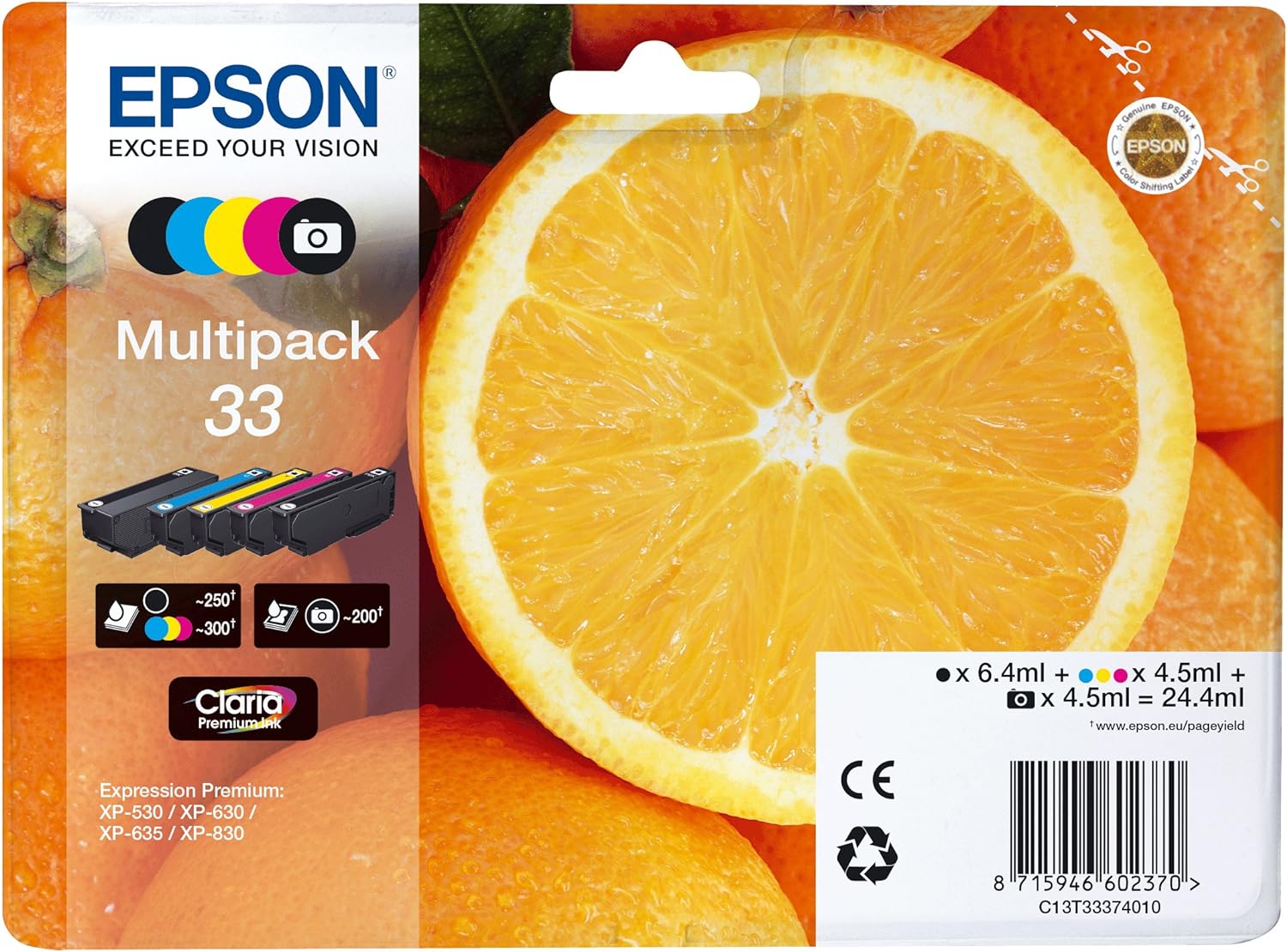 Epson Ink Cartridges, Claria" Premium Ink, 33, Oranges, Multipack, 1 x 6.4 ml Black, 1 x 4.5 ml Yellow, 1 x 4.5 ml Photo Black, 1 x 4.5 ml Cyan, 1 x 4.5 ml Magenta, Standard, RF+AM