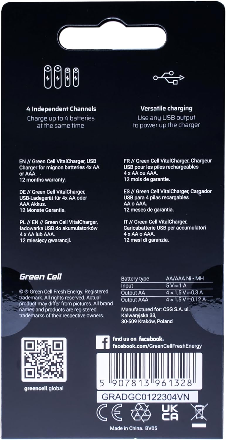 Green Cell VitalCharger Battery Charger with Micro USB and USB-C for NI-MH AA/AAA/R6/R03 Mignon Battery. 4-Channel Charging System - Charges from 1 to 4 AA or AAA Batteries, LED Signalling. Ladegerät