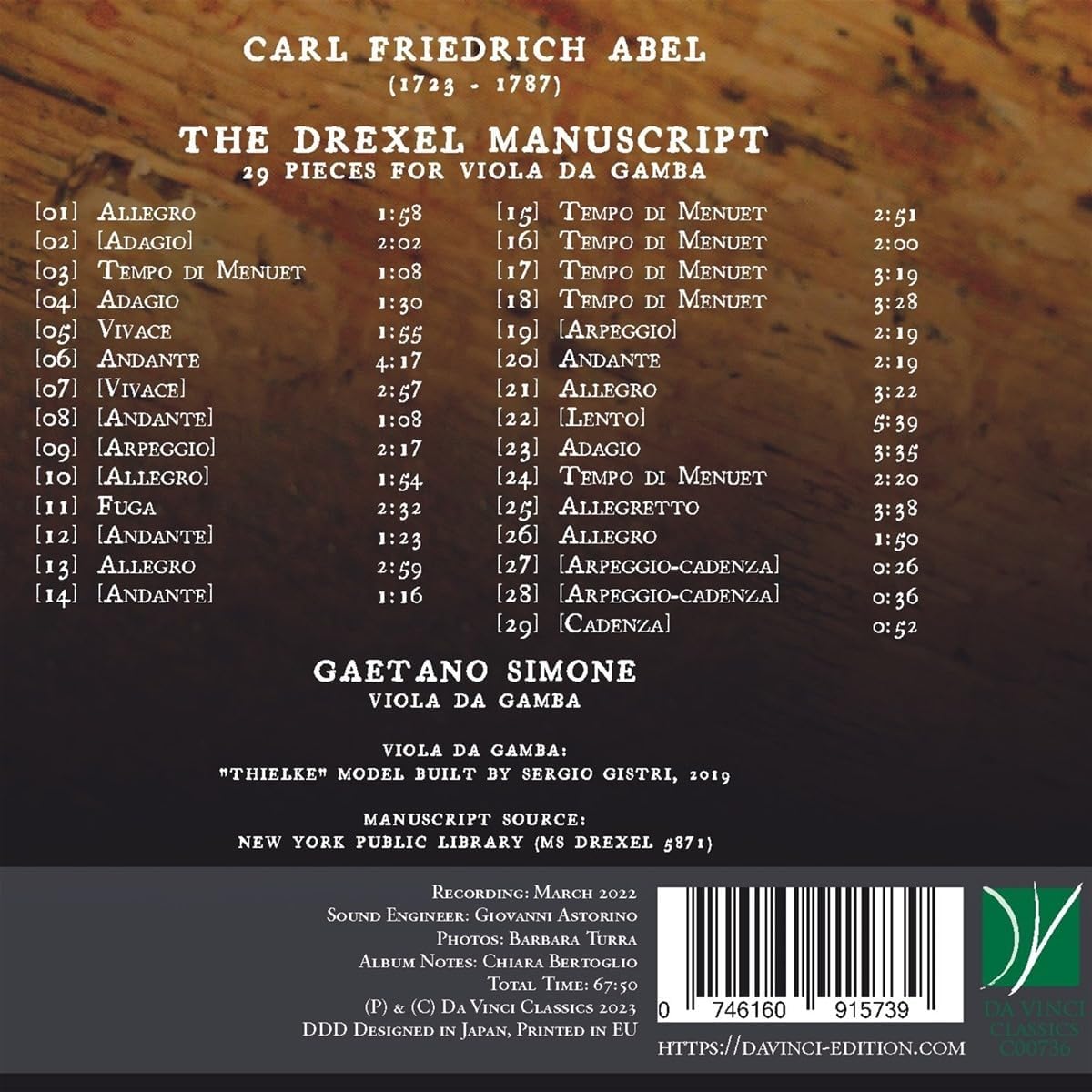 Carl Friedrich Abel: The Drexel Manuscript (29 Pieces For Viola Da Gamba