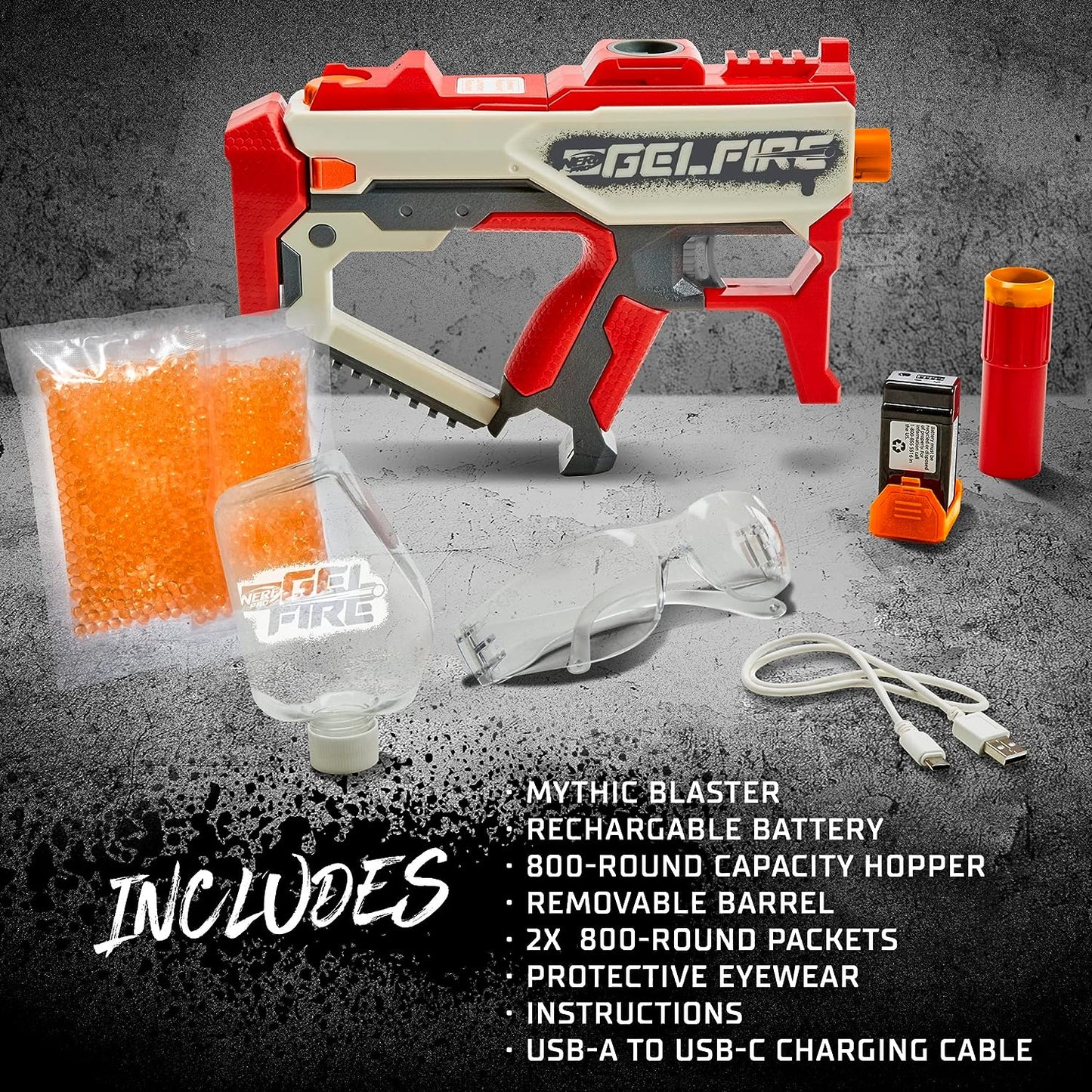 Nerf Pro Gelfire Mythic Blaster, 1,600 Gelfire Rounds, Hopper, Rechargeable Battery, Eyewear