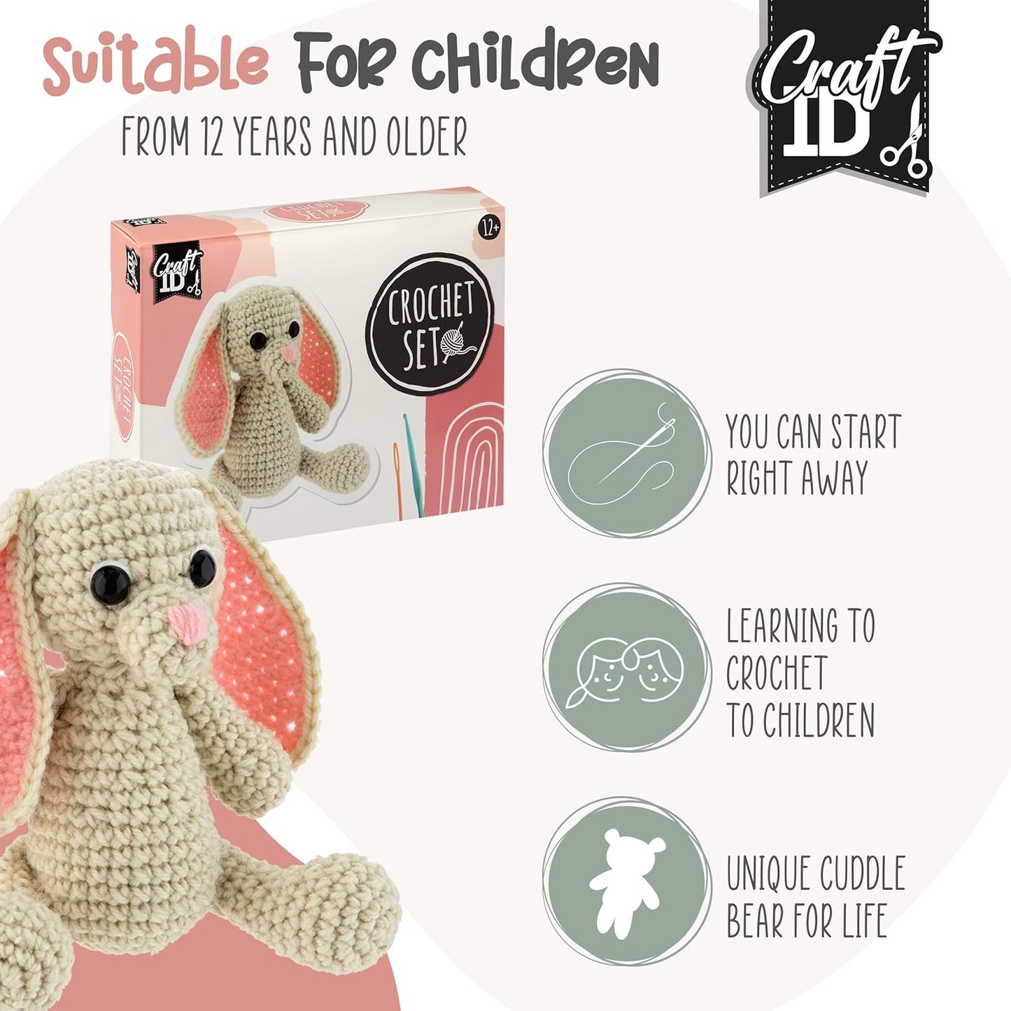 Craft ID Crochet Sets for Beginners | Amigurumi Set | Rabbit | Starter Crochet Pack | Crochet Hook Set Children and Adults | Crochet Packages Cuddly Toys | Crochet Set Animals