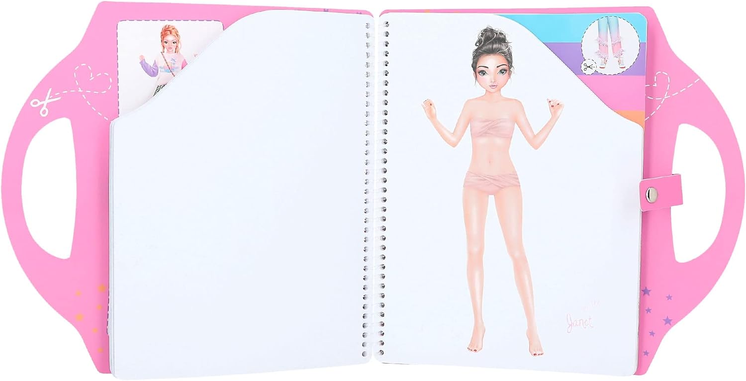 Depesche 12379 TOPModel Dress Me Up Collage Colouring 20 Pages for Designing Outfits, Spiral Book with Pre-Printed Models, Fabric Patterns and Stickers