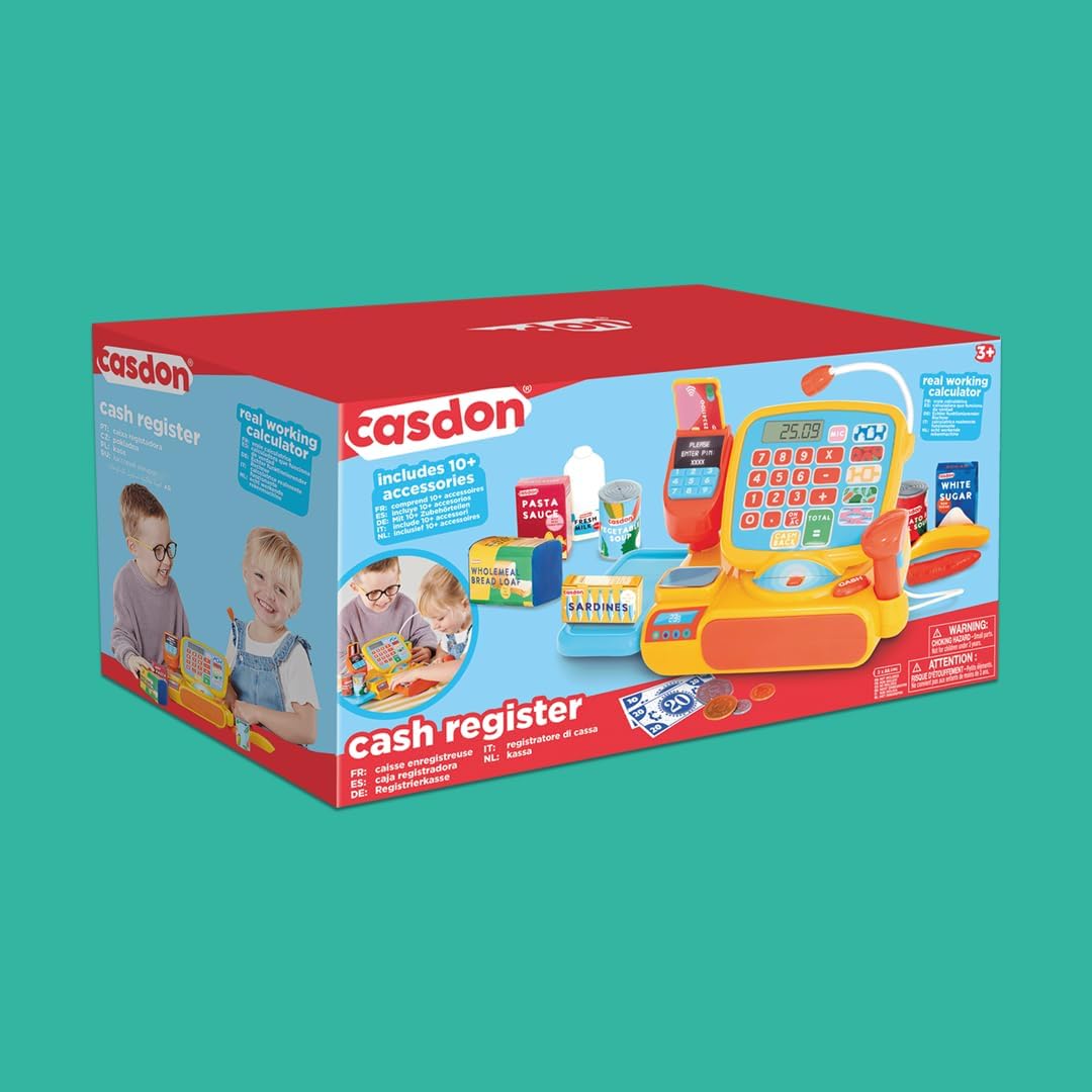 Casdon Cash Register. Toy Shopping Till Set with Working Calculator, Scanner, Pretend Money, Play Food, and More. Suitable for Preschool Toys. Playset for Children Aged 3+ , Multicolor
