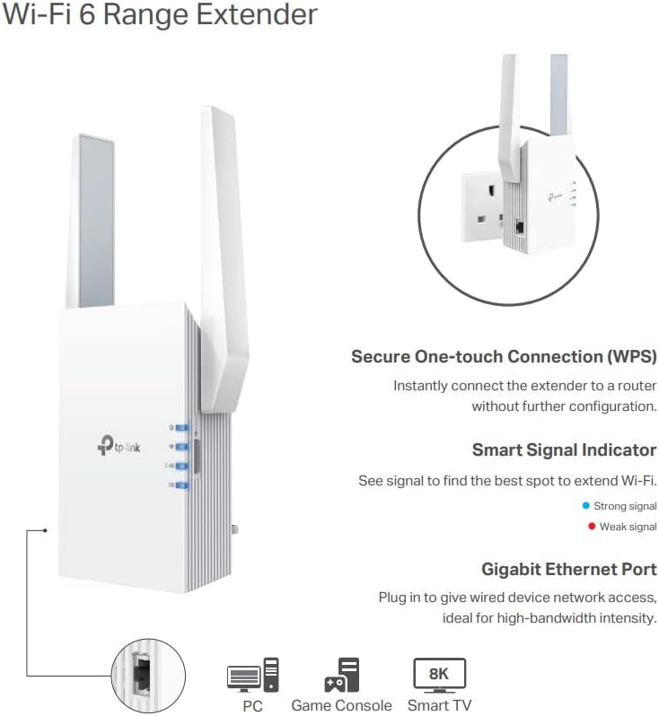 TP-Link AX3000 Dual Band Mesh Wi-Fi 6 Range Extender, Broadband/Wi-Fi Extender, Wi-Fi Booster/Hotspot with 1 Gigabit Port, 160 MHz Channels, Built-In Access Point Mode, Easy Setup, UK Plug (RE705X