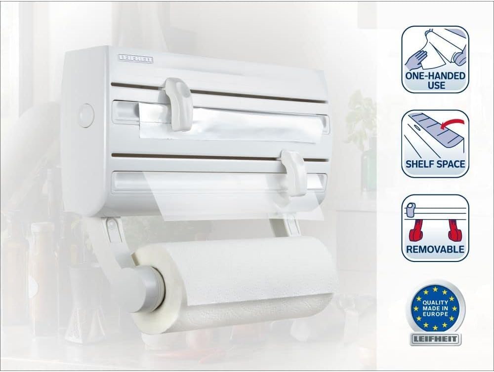 Leifheit Parat F2, Cling Film Dispenser Wall Mounted, Kitchen foil and Cling Film Dispenser Wall Mounted Holder for Film, Foil and Kitchen Roll, Easy-Install Kitchen Roll Dispenser with Cutter
