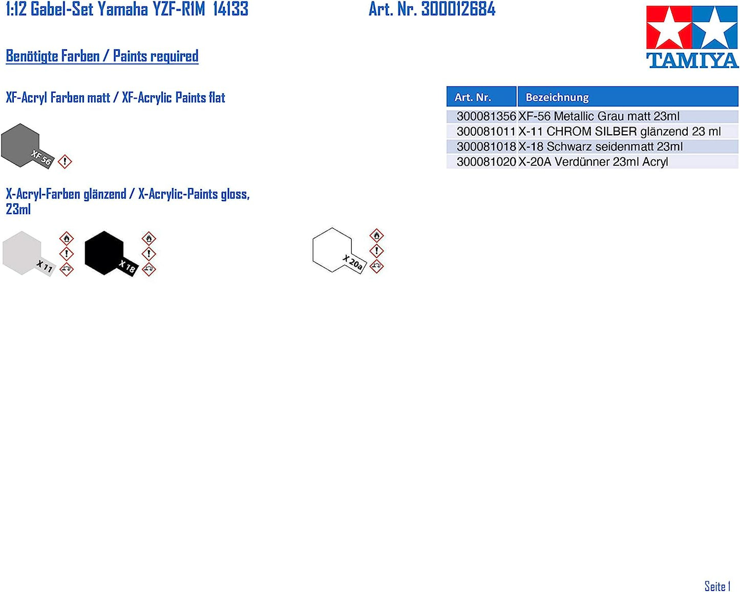 Tamiya Anime 12684-Juego de Horquillas para Yamaha YZF-R1M 14133 (1:12, plástico), Color Plateado (12684-000