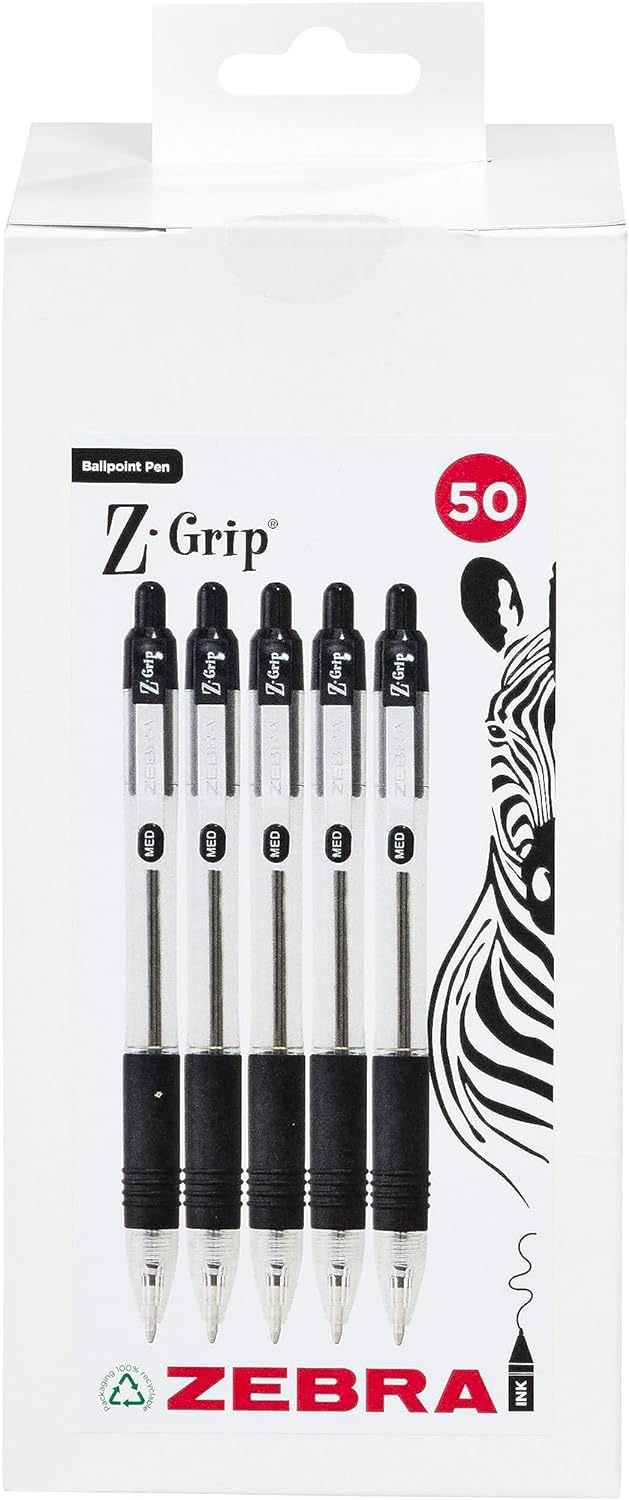 ZEBRA Z GRIP Black Ballpoint Pens, Retractable with smooth ink, comfortable grip and pocket clip reliable biro medium point 50 pack of black