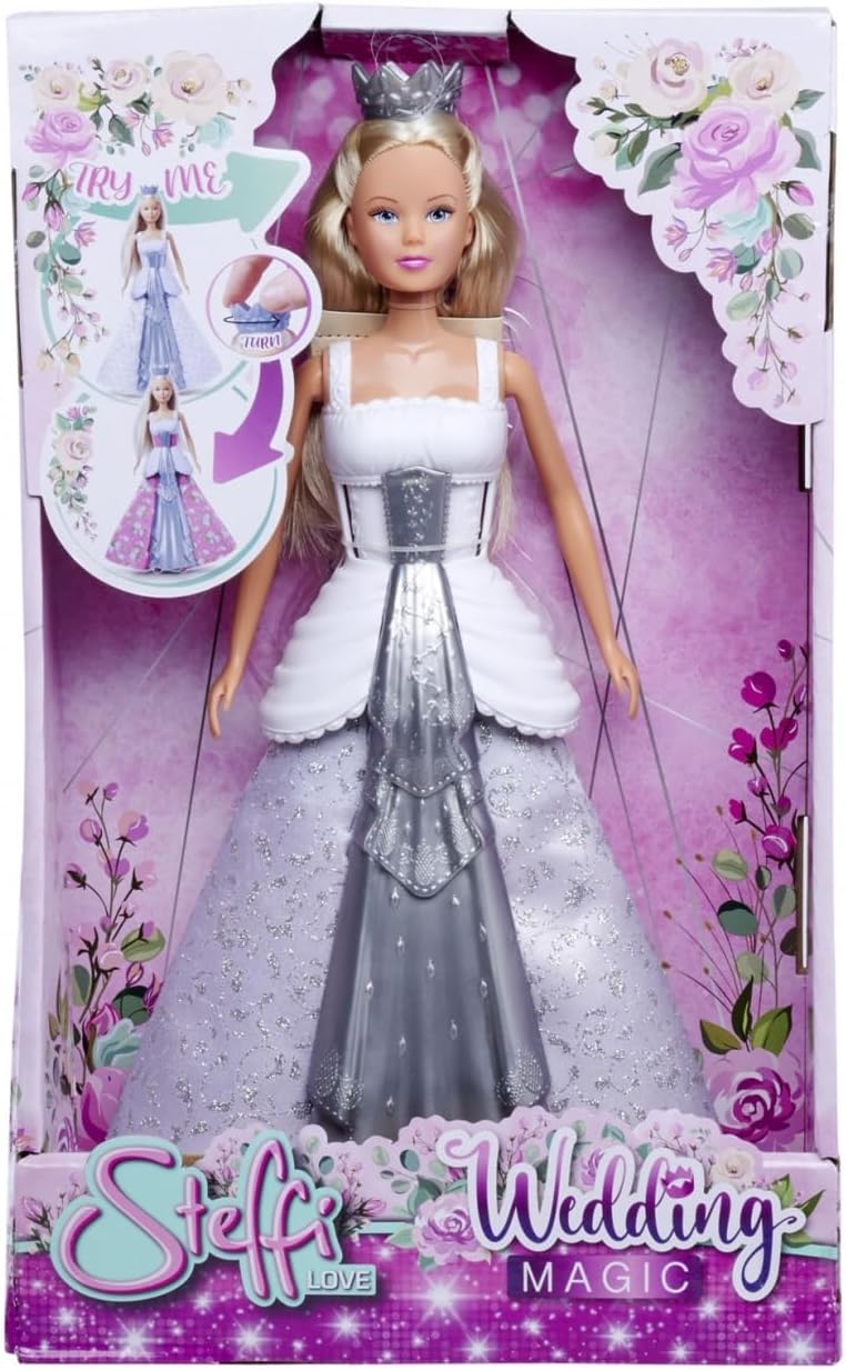 STEFFI LOVE Simba 105733655 Doll Wedding Magic with 2-in-1 Dress - Doll Steffi (29 cm) with Changing Wedding Dress (White/Silver) and Princess Dress (Pink) for Children from 3 Years