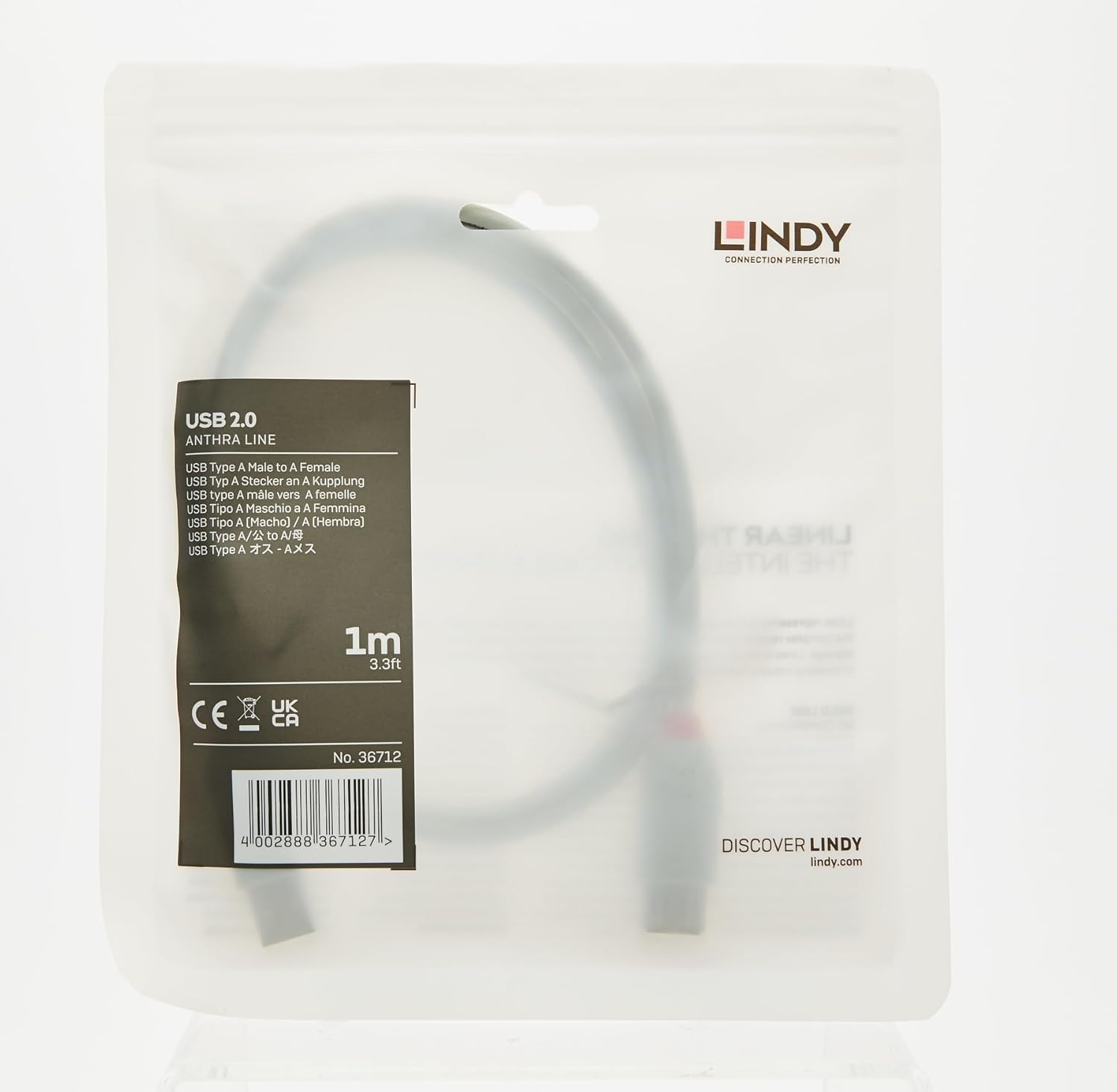LINDY 36712 USB 2.0 Type A Extension Cable, Anthra Line - Grey