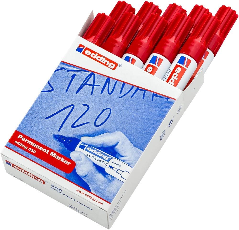edding 550 permanent marker - red - 10 pens - round tip 3-4 mm - waterproof, quick-drying, smear-proof pens - for cardboard, plastic, wood, metal, glass and fabric 04: 10 Pens - red