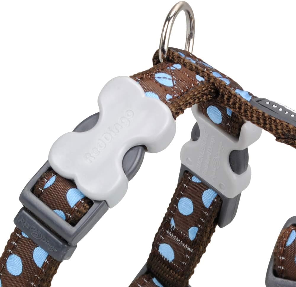 Red Dingo Dog Harness Design, Blue Spots on Brown, Medium 20mm