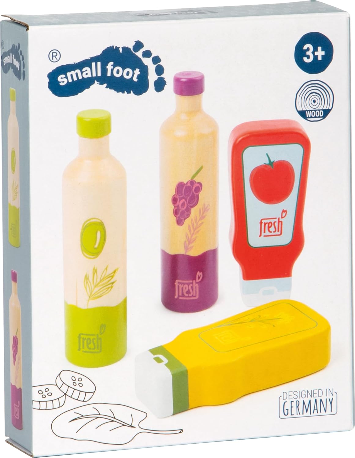 Small Foot-11445 Conjunto de Salsas y aceites Fresh, de Madera, Accesorios para Las Tiendas del Mercado y cocinas Infantiles Juguetes, Multicolor (11445