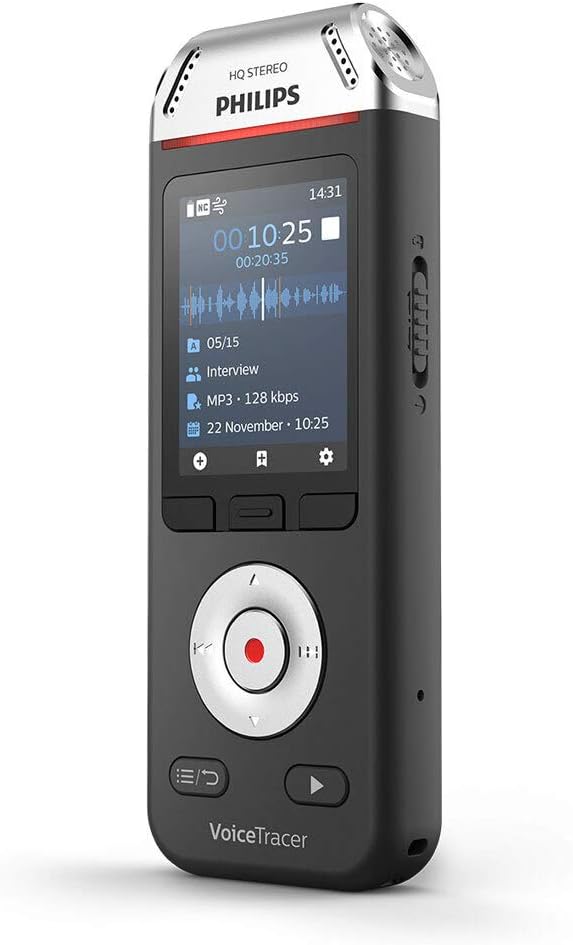 Philips Voice Tracer Audio Recorder DVT2110/00 Digital Notes Dual Fidelity Microphone Rechargeable Battery 8GB Memory Colour Display