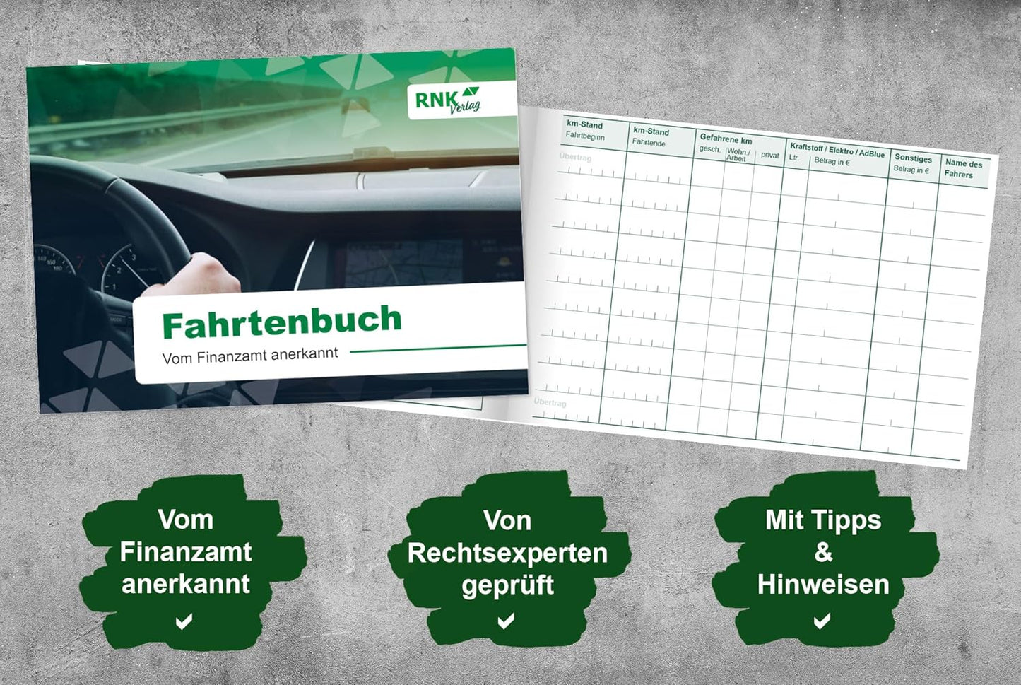 RNKVERLAG 3119 - Fahrtenbuch PKW in DIN A6 mit Tipps und Hinweisen, für Hybrid- und Elektrofahrzeuge geeignet, vom Finanzamt anerkannt, 1 Stück