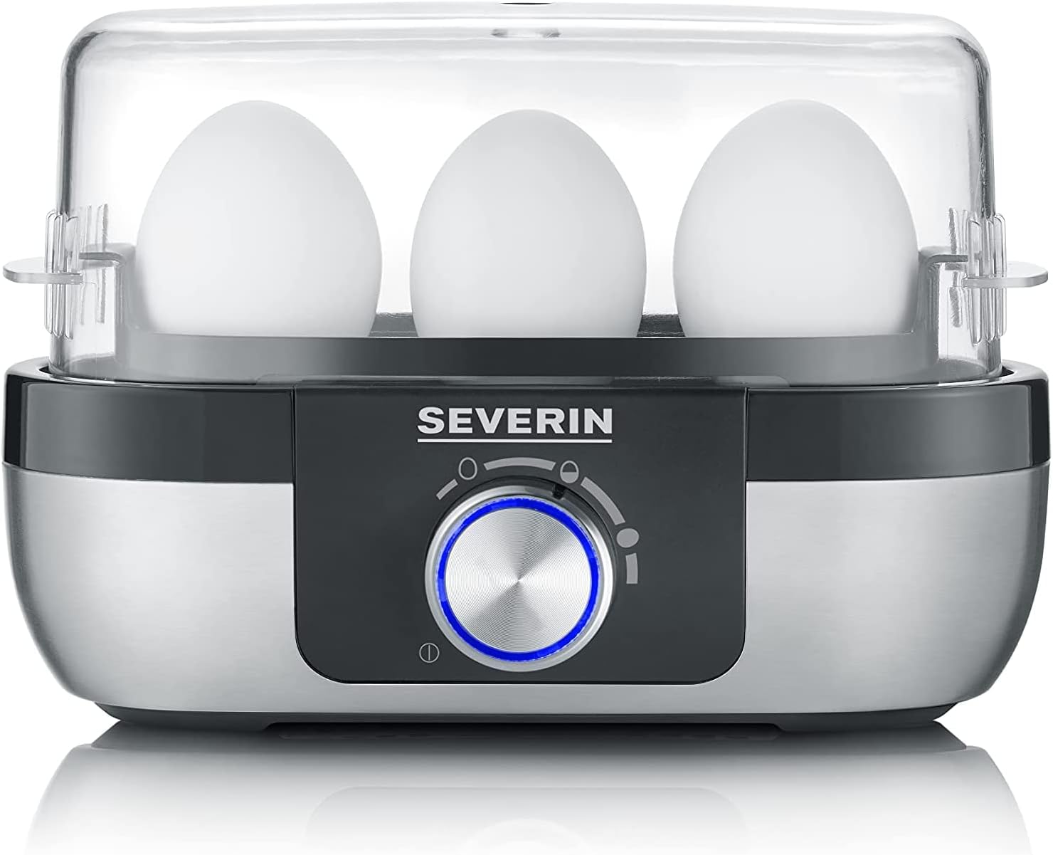 SEVERIN Cuecehuevos con Control de Tiempo de Cocción, 270 W, Capacidad de hasta 3 Huevos, Acero Inoxidable Cepillado/Negro EK 3163