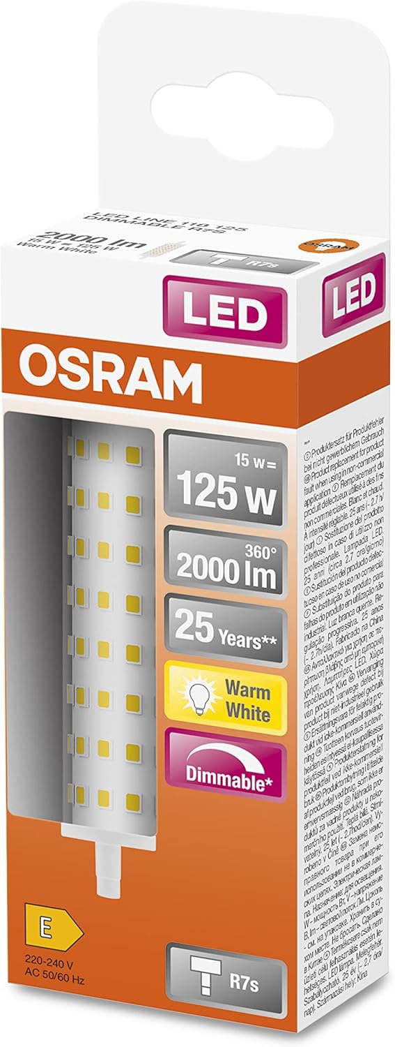 OSRAM dimmable LED flashlight with R7s base, 16 W LED tube, replacement for 125 W bulb, warm white (2700K)\ Single-Pack 125 W-Replacement