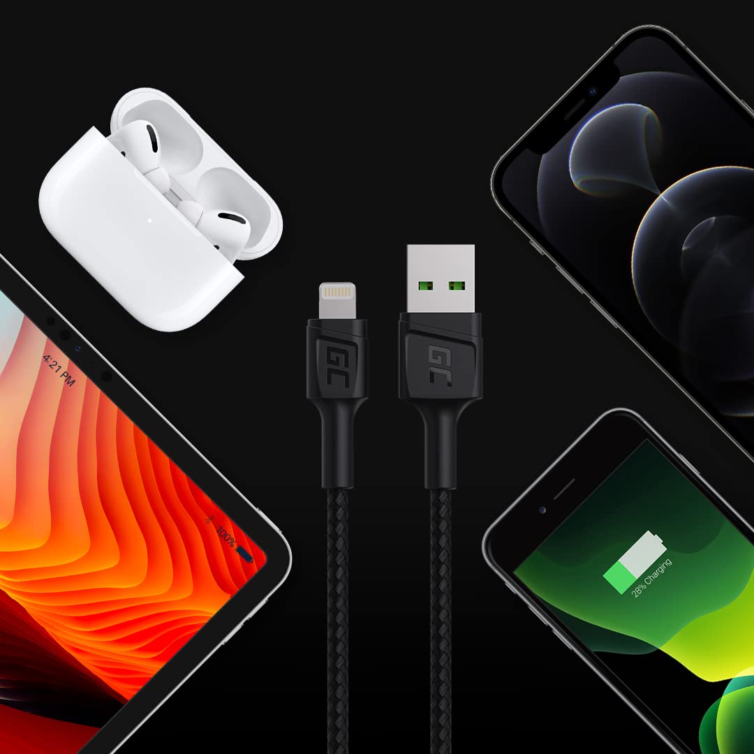 Green Cell Kabel USB-A - Lightning 1.2m Ladekabel Schwarz Schnellladekabel für Apple iPhone 14 13 12 11 SE Pro Max X XR XS Max 8 7 Plus 6 6S 5 5C 5S Plus | iPad Air/Pro/Mini | iPod
