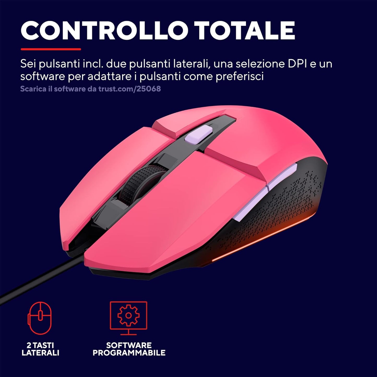 Trust Gaming GXT 109P Felox Gaming Mouse with 6 Programmable Buttons, Advanced Software, Multicolour LED Lighting, 200-6400 DPI, 1.5m USB Cable, RGB Computer Mouse for PC, Laptop, Windows - Pink Wired Pink