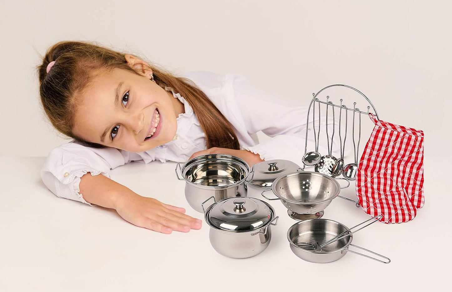 Childrens Toy Metal Cooking Pots, Pans, Oven Glove & Utensils Set