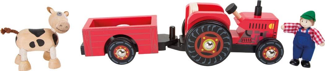 Small Foot 10316 Tractor de Madera con Granja de Remolque, con Figuras de Agricultor y Vaca doblando y Ruedas de Goma, para Mayores de 3 años