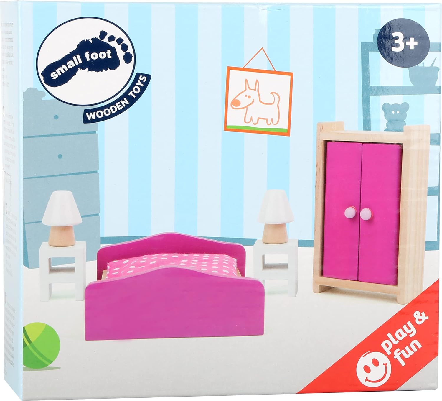 Small Foot 10874 Wooden Furniture for The Living Room in The Dollhouse, incl. Double Bed, Bedside Tables, Lamps and Wardrobe, Suitable, Ideal Doll Accessories for Children from 3 Years and up