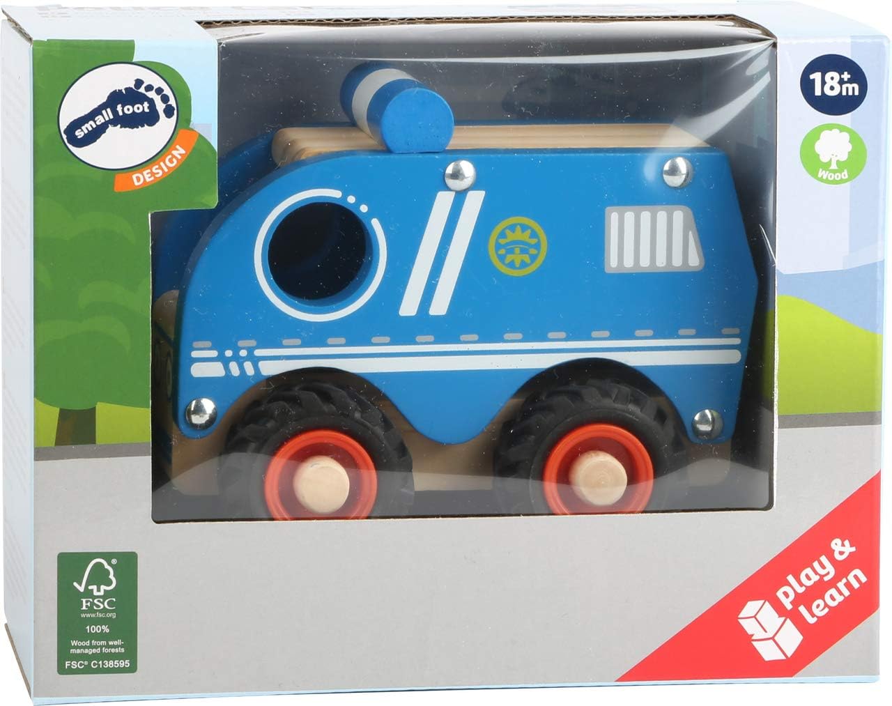 Small Foot 11077 Police car Made of Wood for Children 18 Months and Older, 100% FSC-Certified, Suitable for Playing Outside Toy, Blue police vehicle