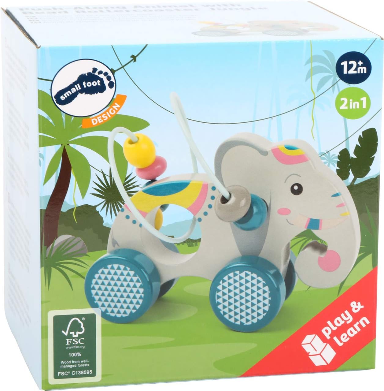 Small Foot Animal with Bead Maze FSC 100%-certified, ages 11088 Push-along elephant Jungle made of wood, with motoric loop and colorful design, from 12 months, orange Motor skills bow elephant
