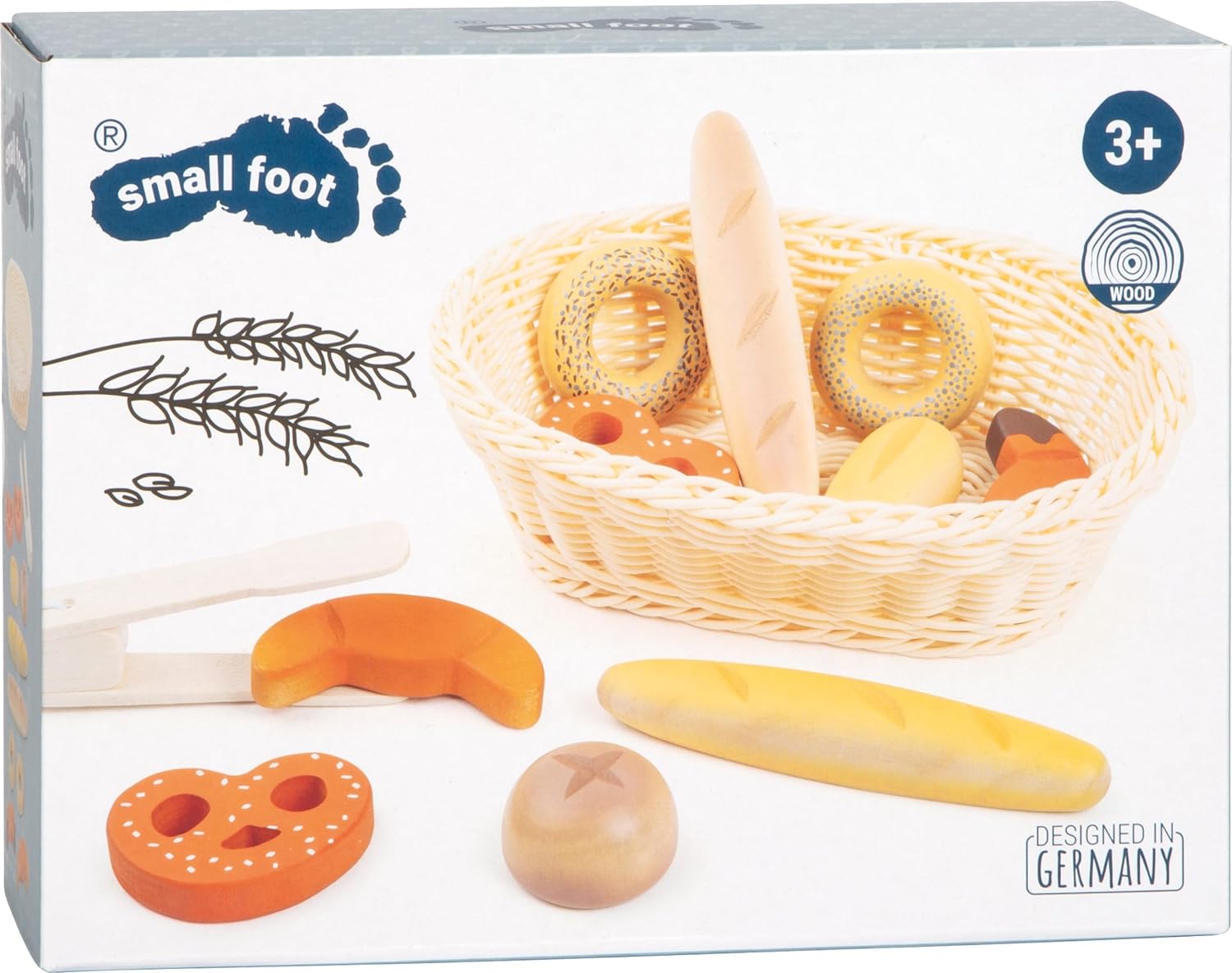Small Foot 11444 Breadbasket Set Fresh, Made of Wood, with Baked Goods Tongs, Accessory for Children's Kitchens and Play Stores Toys, Multicolored