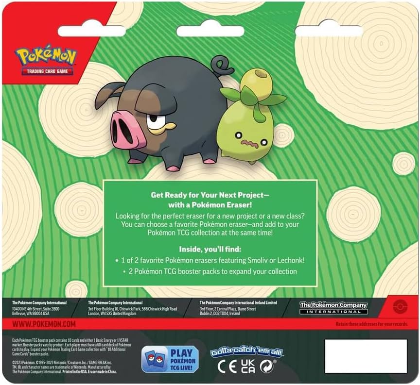 POKEMON TCG: BACK TO SCHOOL 2023: ERASER BLISTER -1 OF 2 RANDOM ERASERS (SMOLIV OR LECHONK