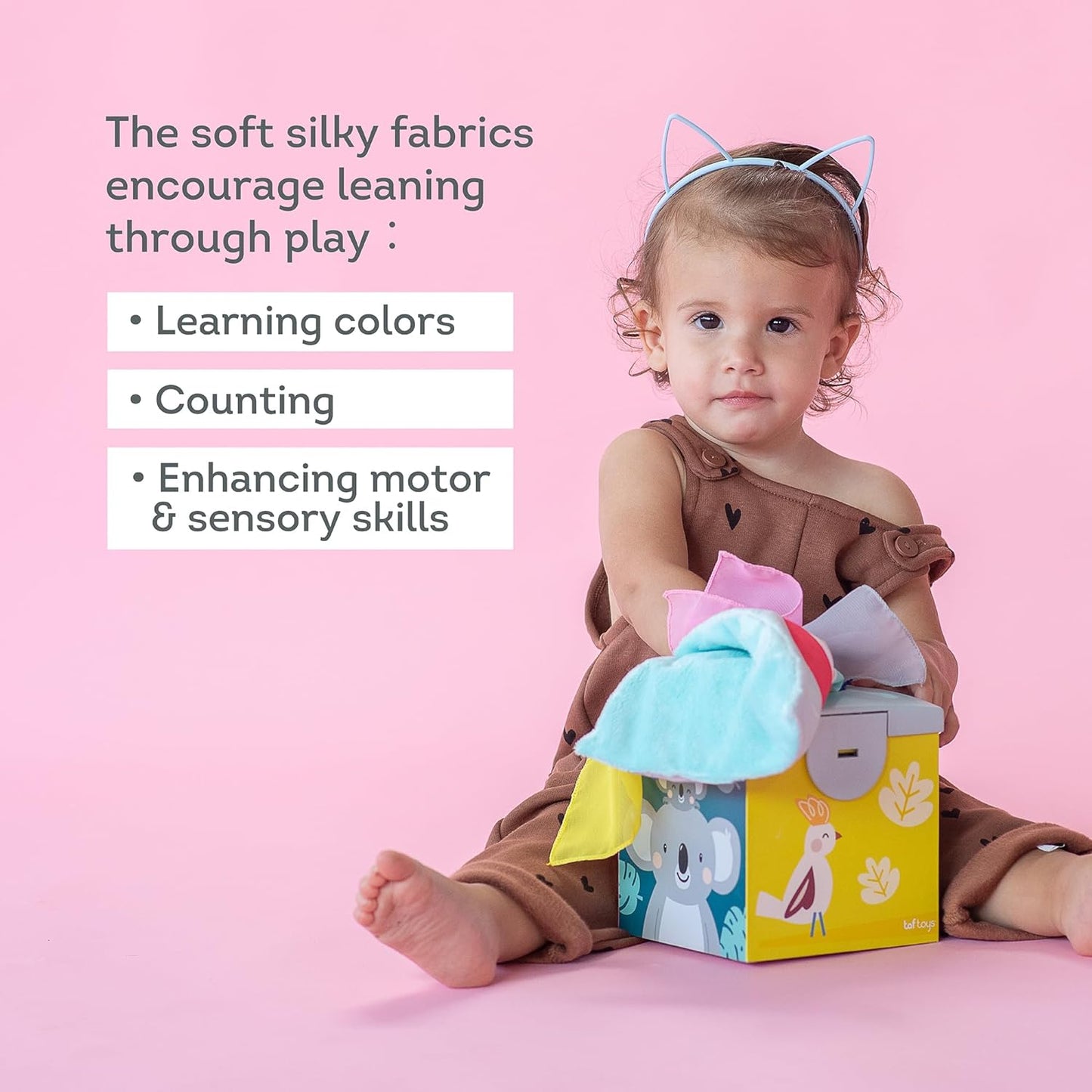 Taf Toys Wonder Baby Tissue Box Toy for Infants & Toddlers. Baby Sensory Box. Tummy Time Toy Colourful Pull Scarves & Crinkling Blankies. Educational Learning Toy. Suitable for Boys & Girls 9 months +