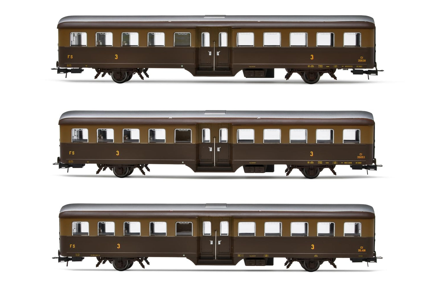FS Passagierwagen „Corbellini“ 1947, 3 Stück, 2 Achsen, 3. Klasse, Lackierung Castano/Isabella, für historische Züge, Epoche V–VI