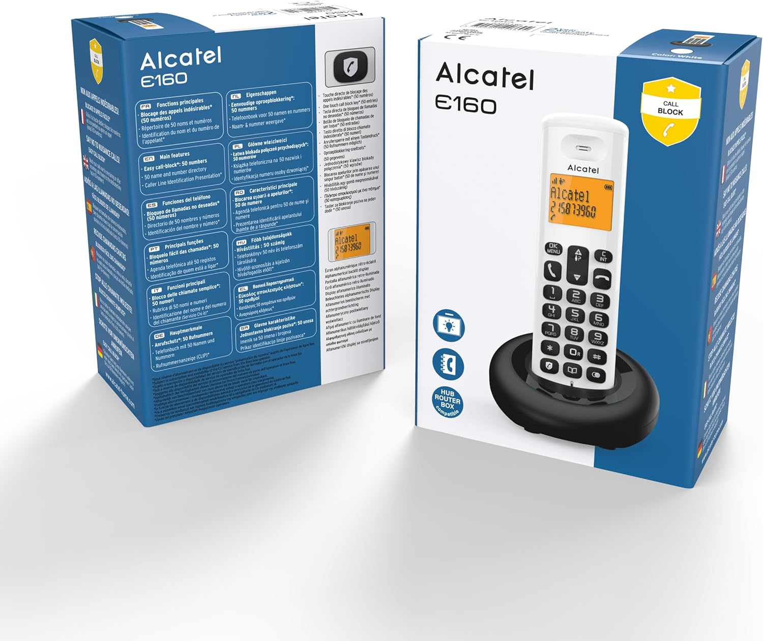 Alcatel E160 White Cordless DECT Phone with Blocking Unwanted Calls, Large Orange Backlit Display, Easy to Read, Classic and Polyphonic Ringtones