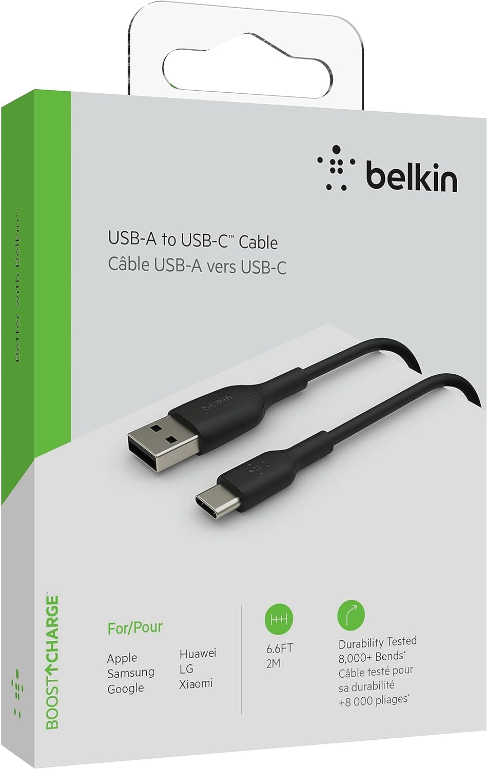 Belkin BoostCharge USB C charger cable, USB-C to USB-A cable, USB type C charging cable for iPhone 15, Samsung Galaxy S23, S23+, S23 Ultra, Pixel, iPad Pro, Nintendo Switch and more - 2m